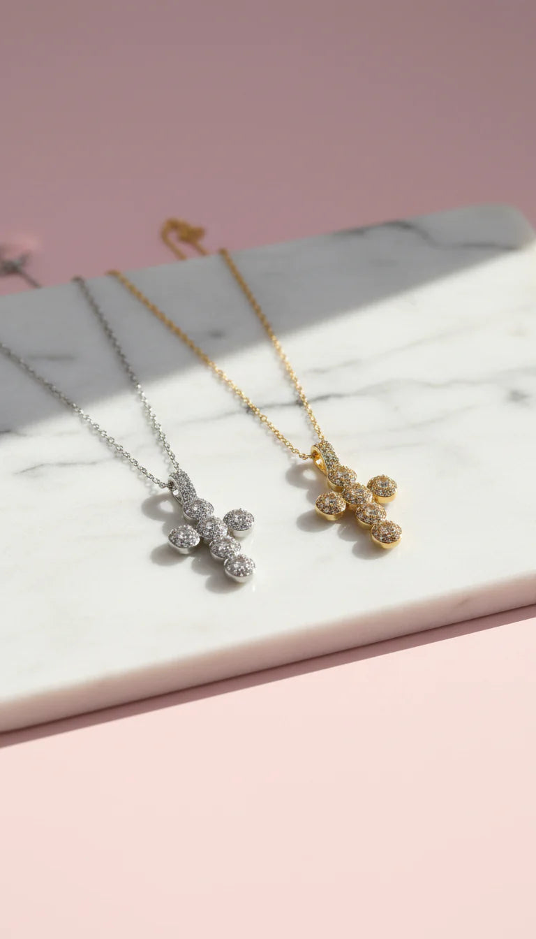 Waterproof Stainless Steel Oval Crystal Cross Necklace