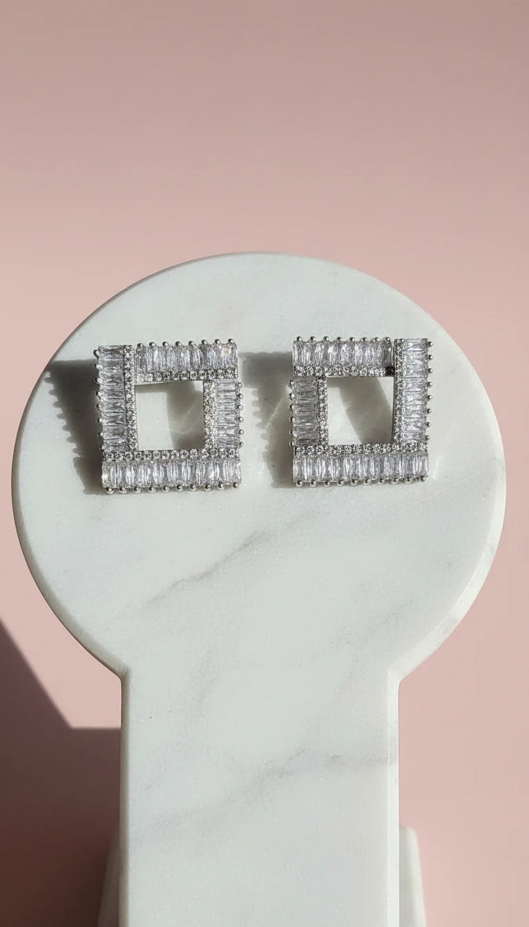 Baguette Cut Square Cut Out Crystal Stud Earrings