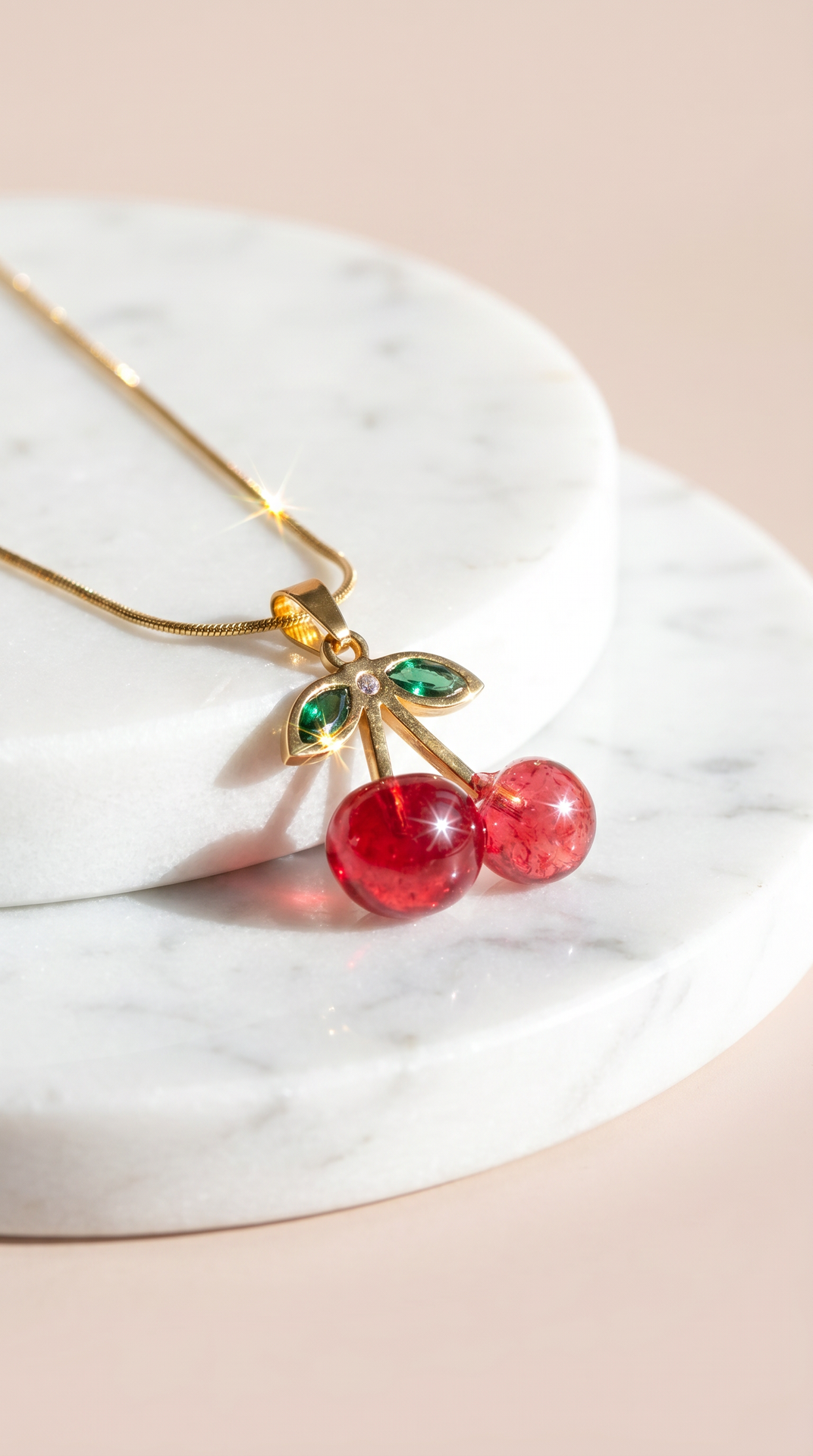 Red Cherry Crystal Gold Plated Steel Pendant Necklace