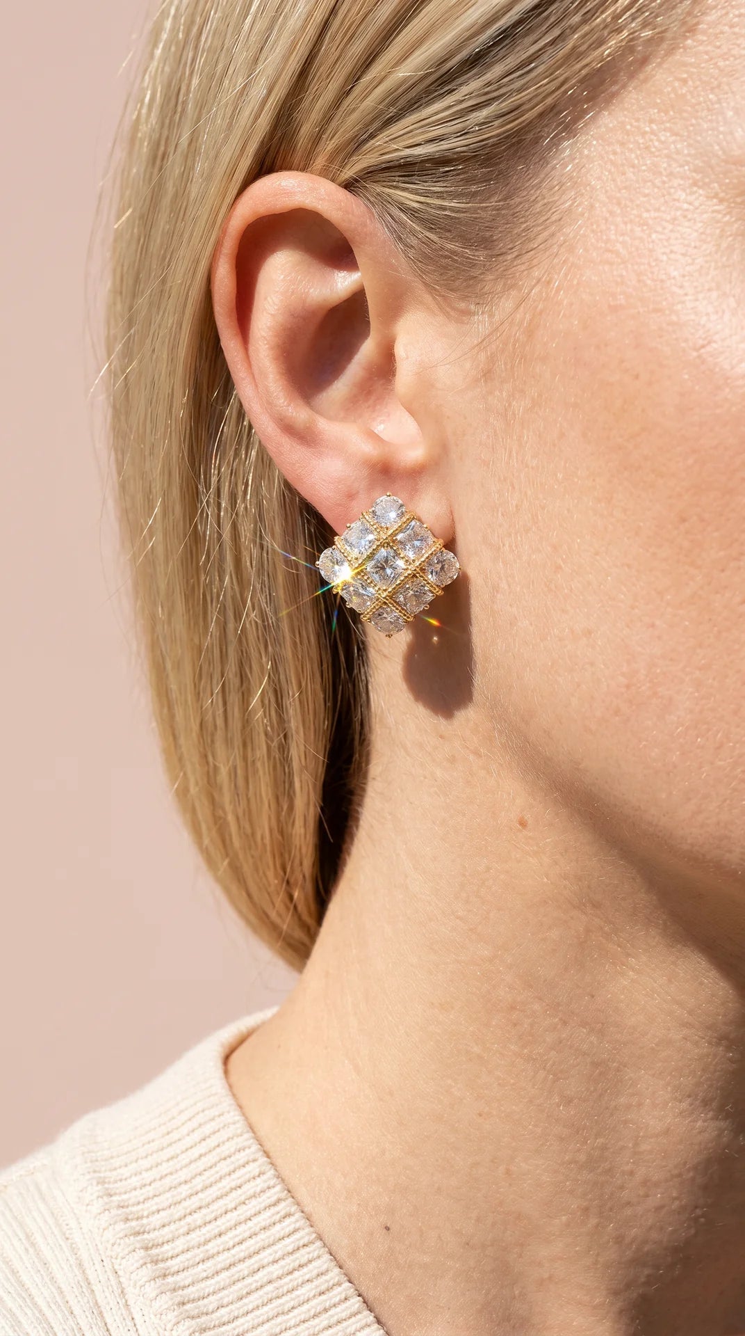 Square Cluster Round Cut Crystal Stud Earrings