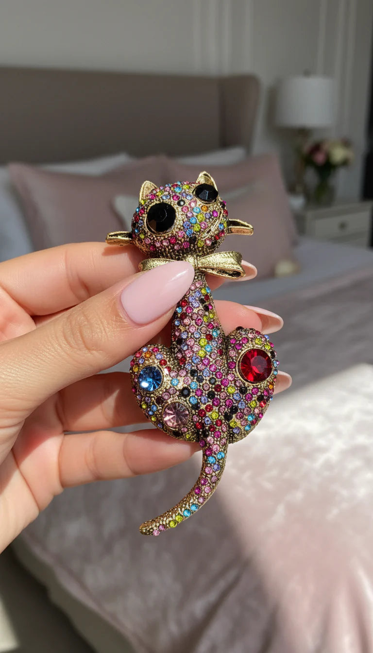 Crystal Cat With Bow Tie Brooch Pin