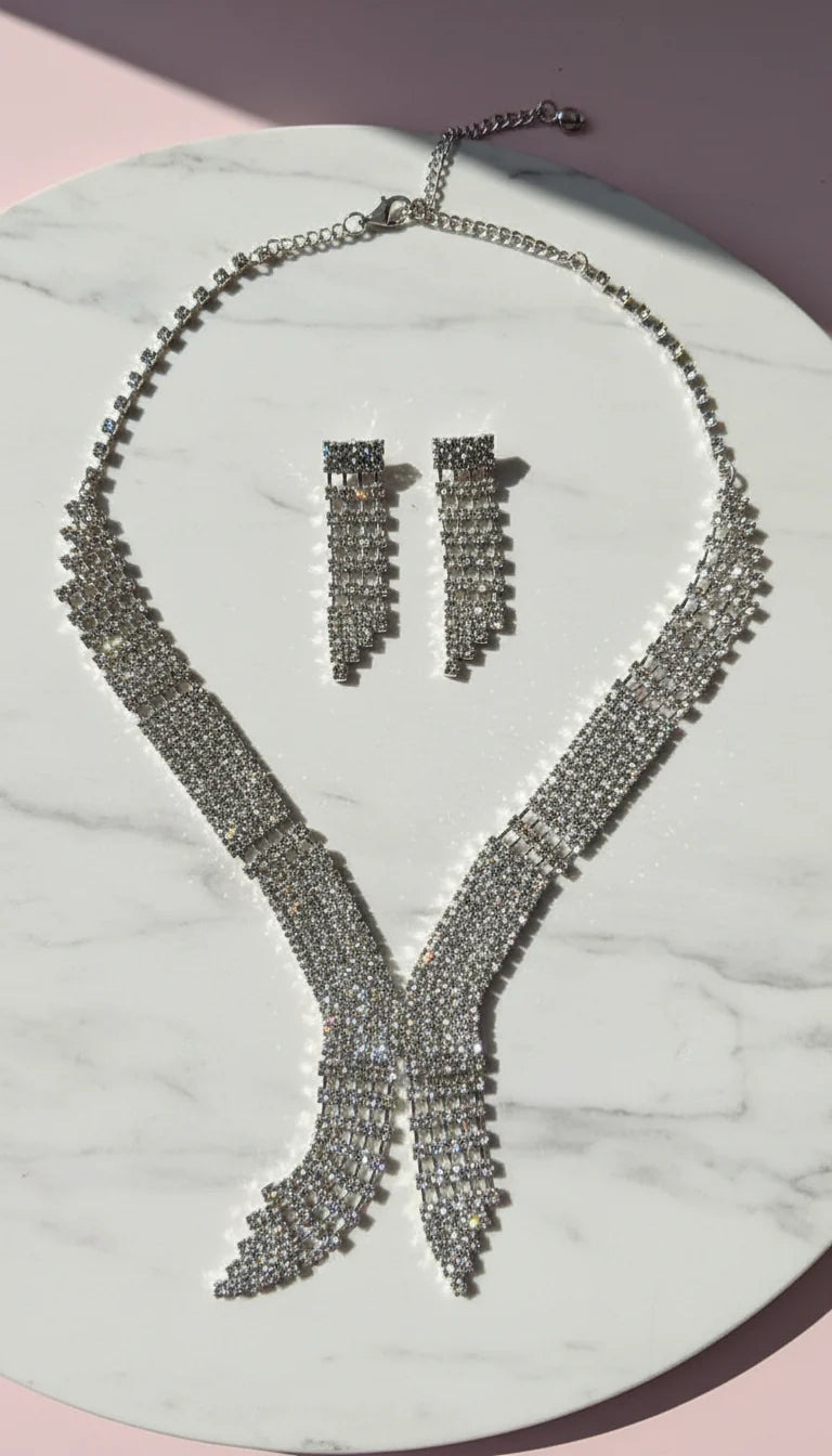 Crystal V Fringe Statement Necklace & Earrings Set