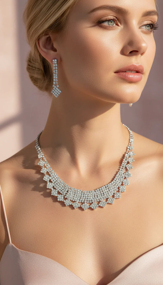 Square Cut Fringed Crystal Statement Necklace & Earrings Set