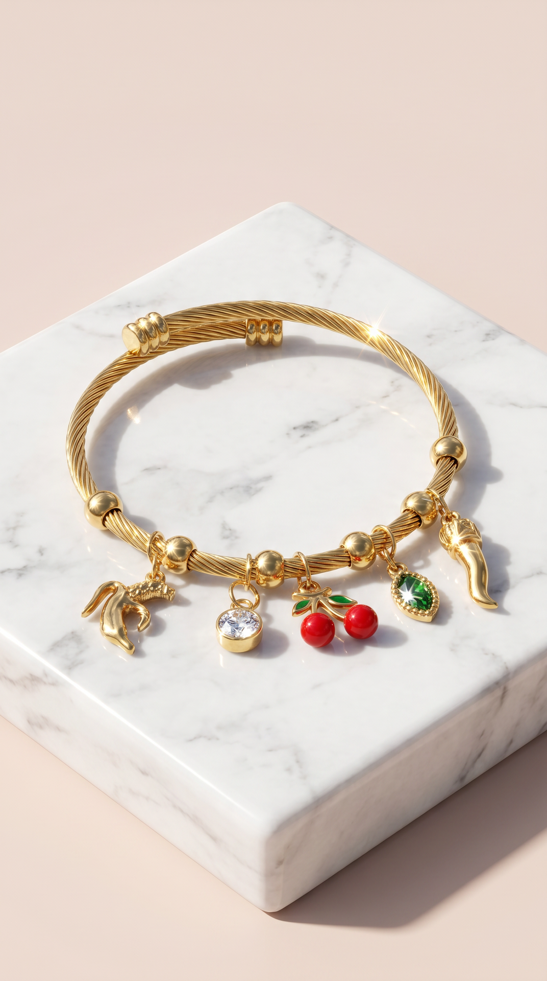 Cherry Fruit Gold Plated Steel Charm Bracelet