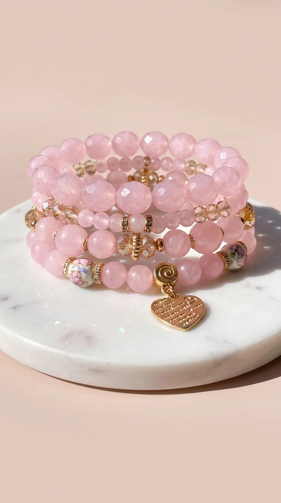 Gold Heart Charm Beaded Bracelet Stacking Set