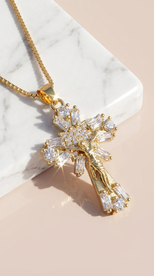 Baguette Cut Crystal Cross Symbolic Necklace Pendant