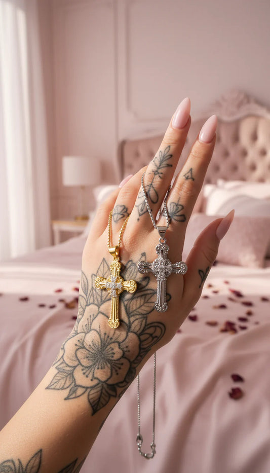 Inlaid Crystal Cross Stainless Steel Gold Plated Necklace