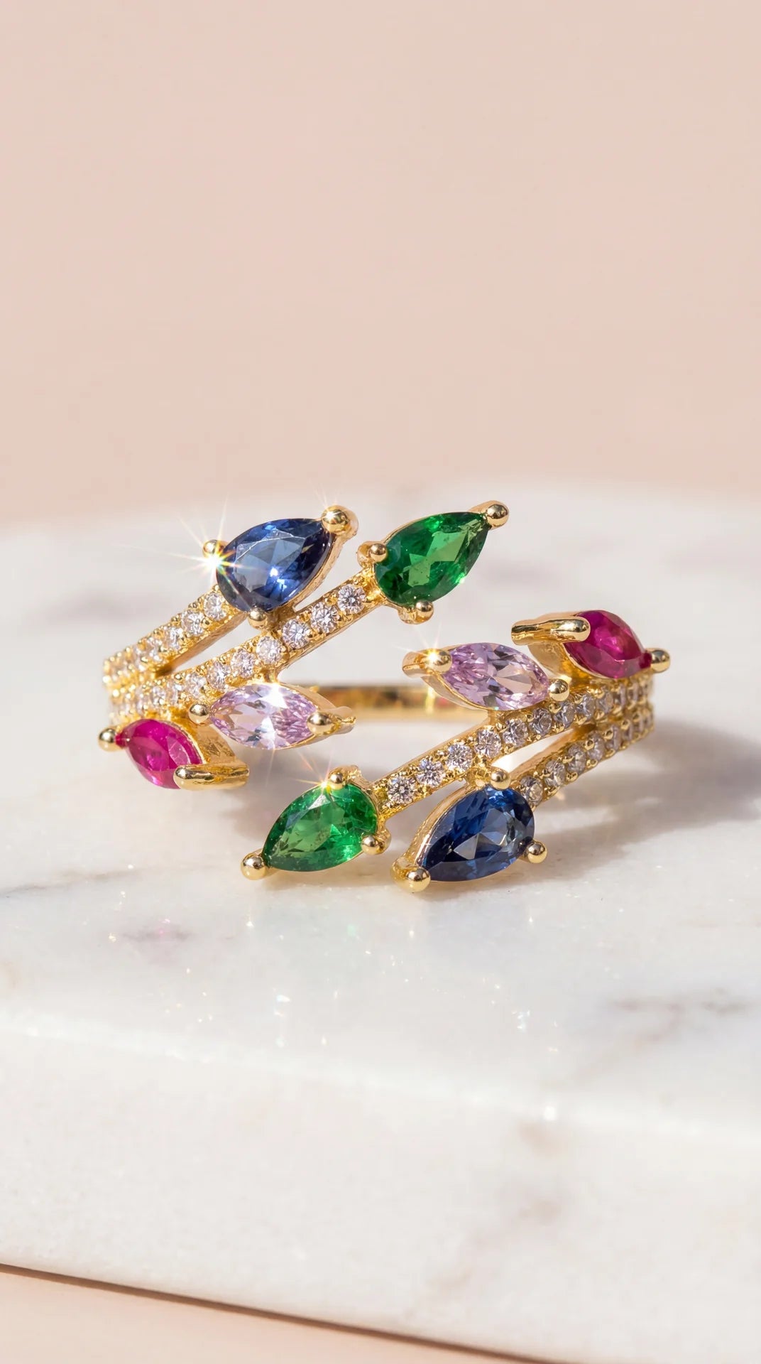 Box Of 12 Multicolor Crystal Free Size Gold Plated Adjustable Statement Rings