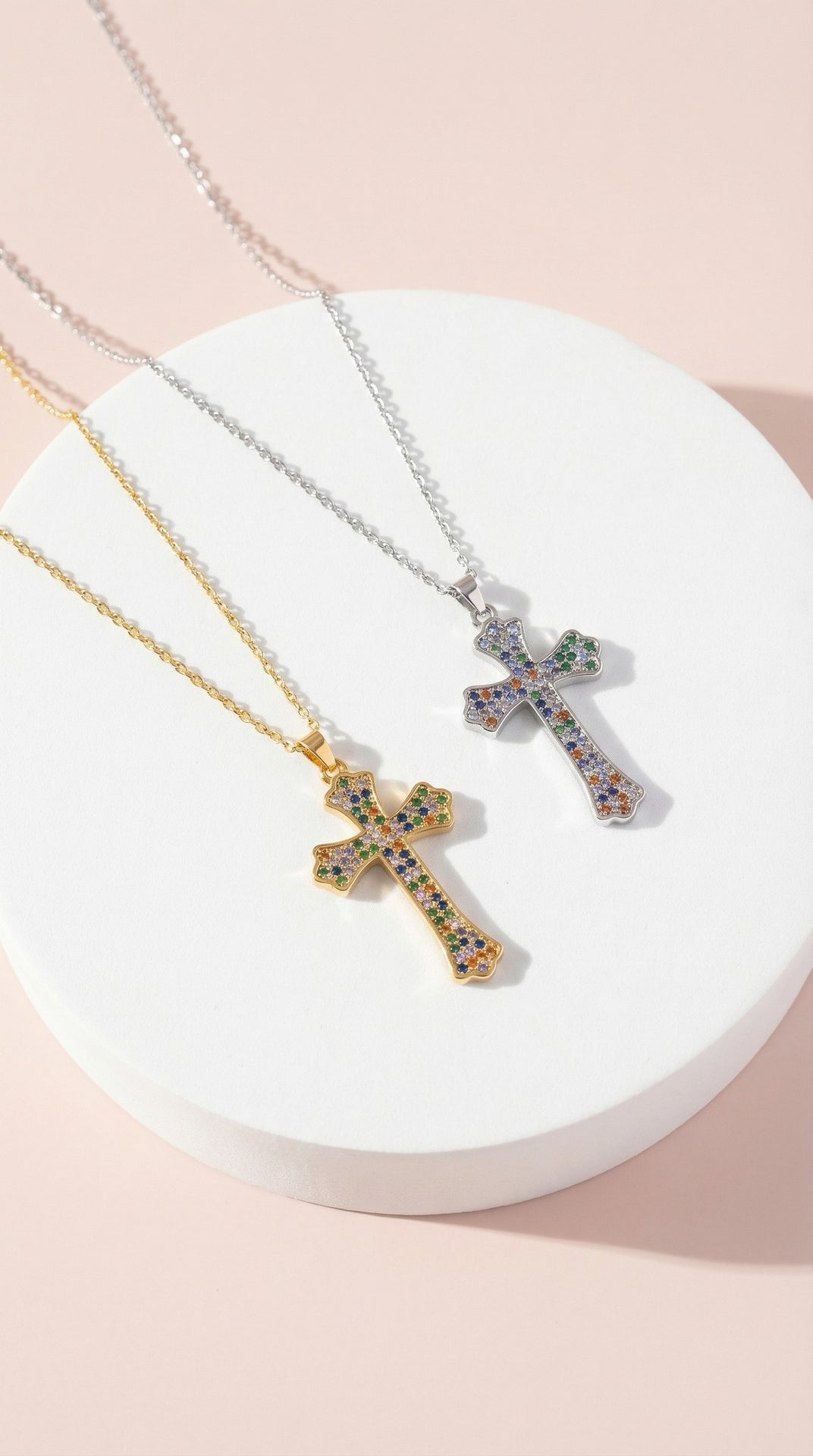 Waterproof Rainbow Gothic Crystal Cross Stainless Steel Necklace