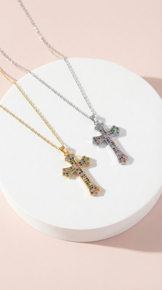 Waterproof Rainbow Gothic Crystal Cross Stainless Steel Necklace