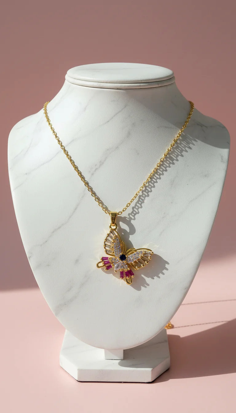 Waterproof Butterfly Crystal Pendant Necklace