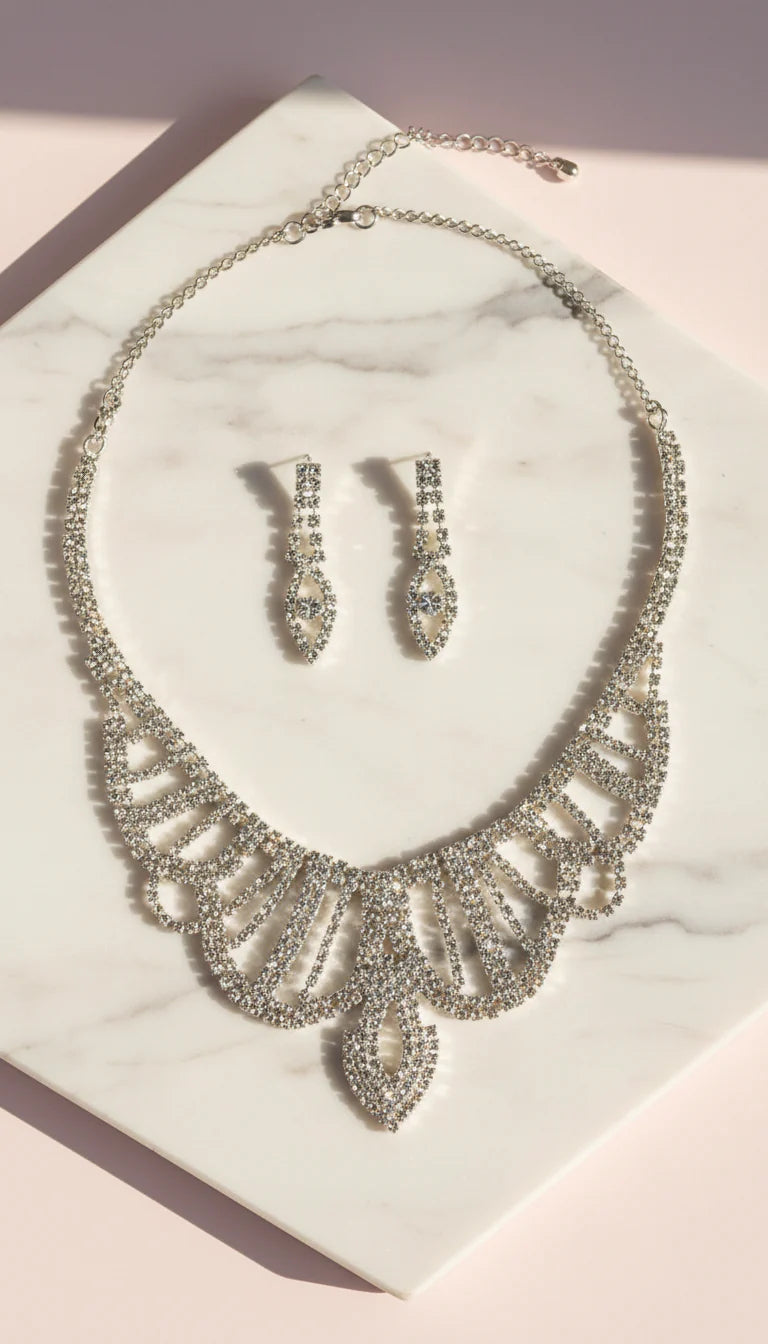 Scalloped Edge Crystal Statement Necklace & Earrings Set