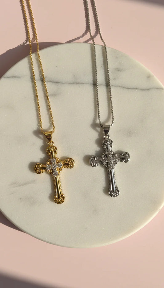 Waterproof Inlaid Crystal Cross Gold Plated Necklace
