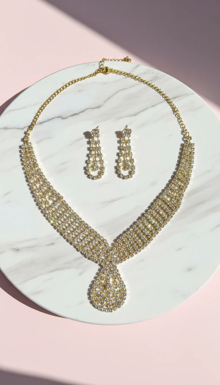 Teardrop Contour Crystal Statement Necklace & Earrings Set