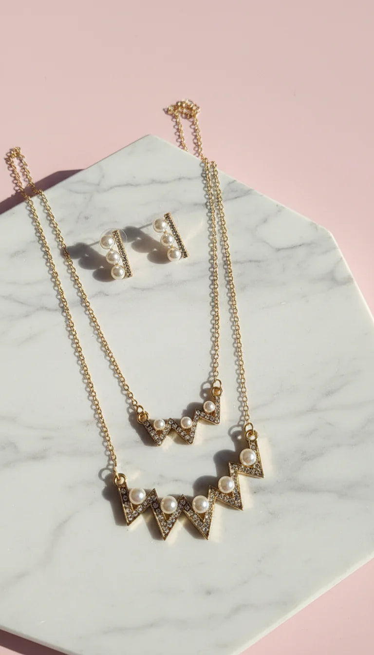 Layered Pearl Zig Zag Pendant Necklace & Earring Set