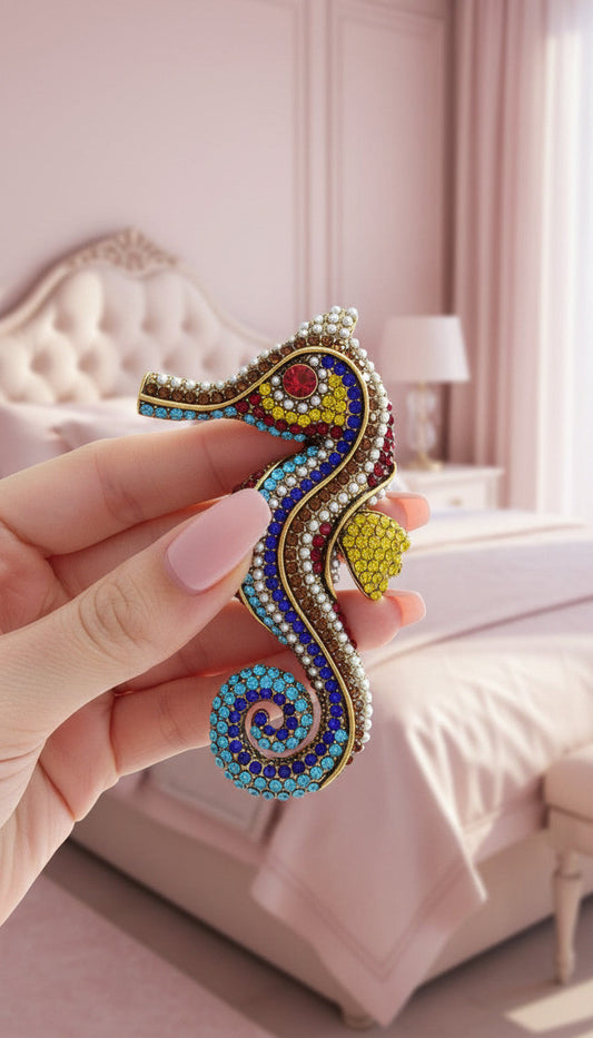 Gold Seahorse Multicolor Crystal Statement Brooch Pin