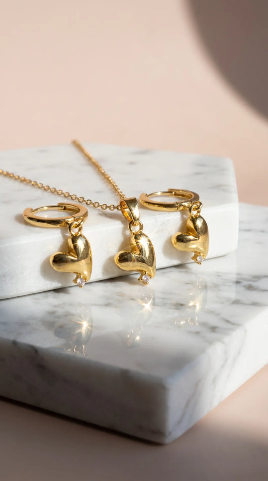 Heart Crystal Gold Plated Pendant Necklace & Earrings Set