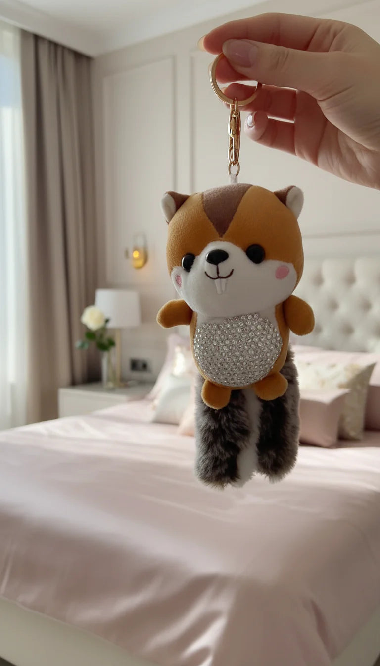 Plush Crystal Squirrel Keyring Charm Fluffy Tail Bag Charm Keychain