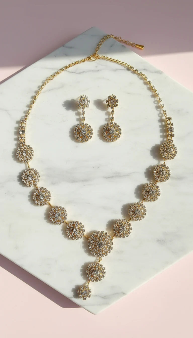 Round Crystal Cluster Drop Statement Necklace & Earrings Set