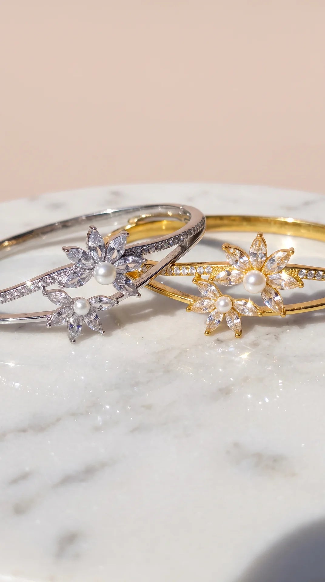 Flower & Pearl Gold Plated Crystal Bangle