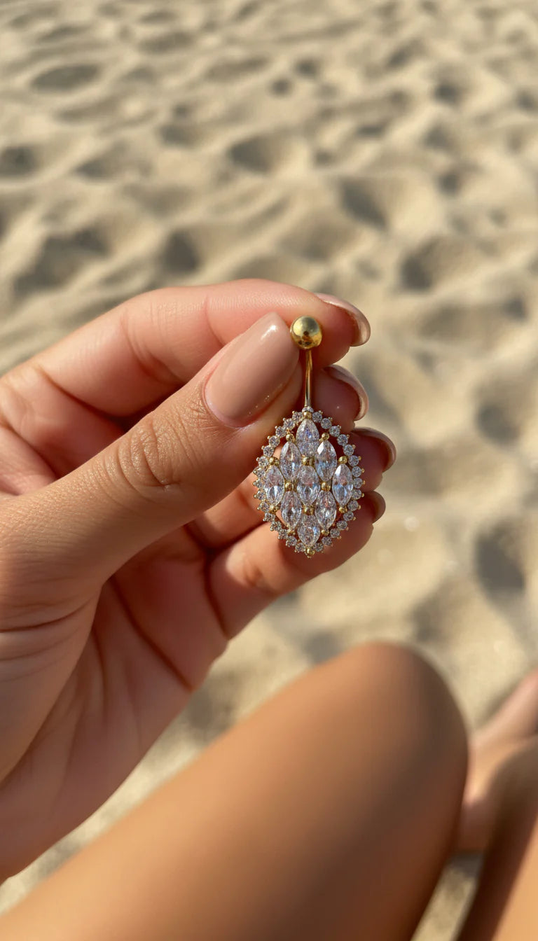 Gold Plated Marquise Statement Stainless Steel Crystal Belly Bar