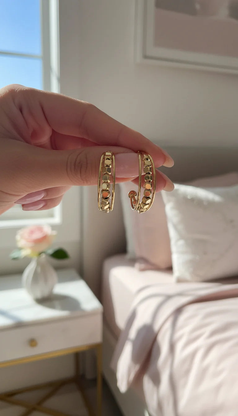 Metallic Beaded Cube Huggie Hoop Earrings