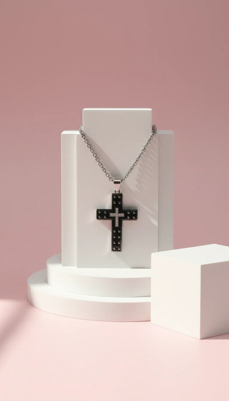 Waterproof Studded Cross Stainless Steel Necklace Pendant
