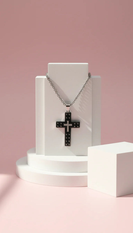 Waterproof Studded Cross Stainless Steel Necklace Pendant