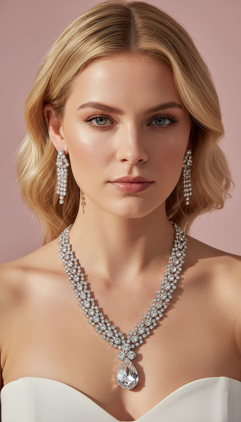 Teardrop Statement Crystal Necklace & Earrings Set