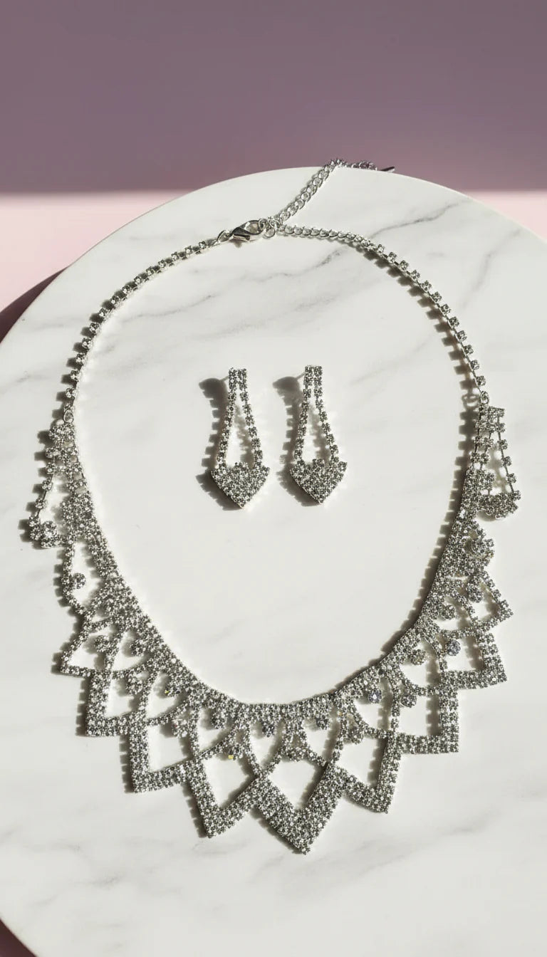 Geometric Lattice Crystal Statement Necklace & Earrings Set