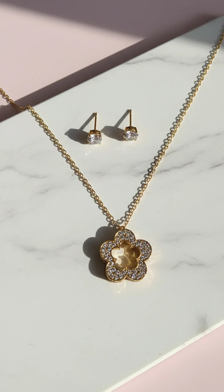 Crystal Flower Pendant Necklace & Earring Set