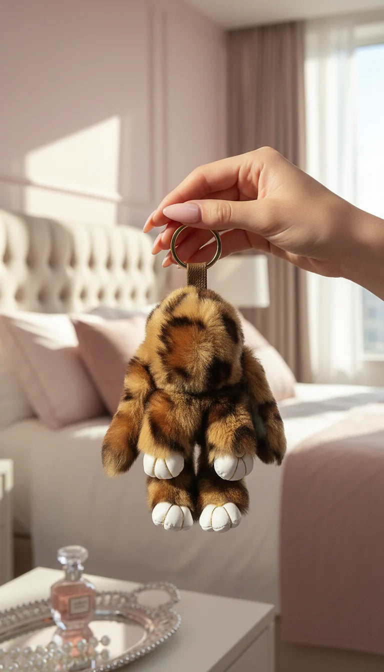 Plush Fluffy Leopard Print Bunny Rabbit Key Ring & Bag Charm