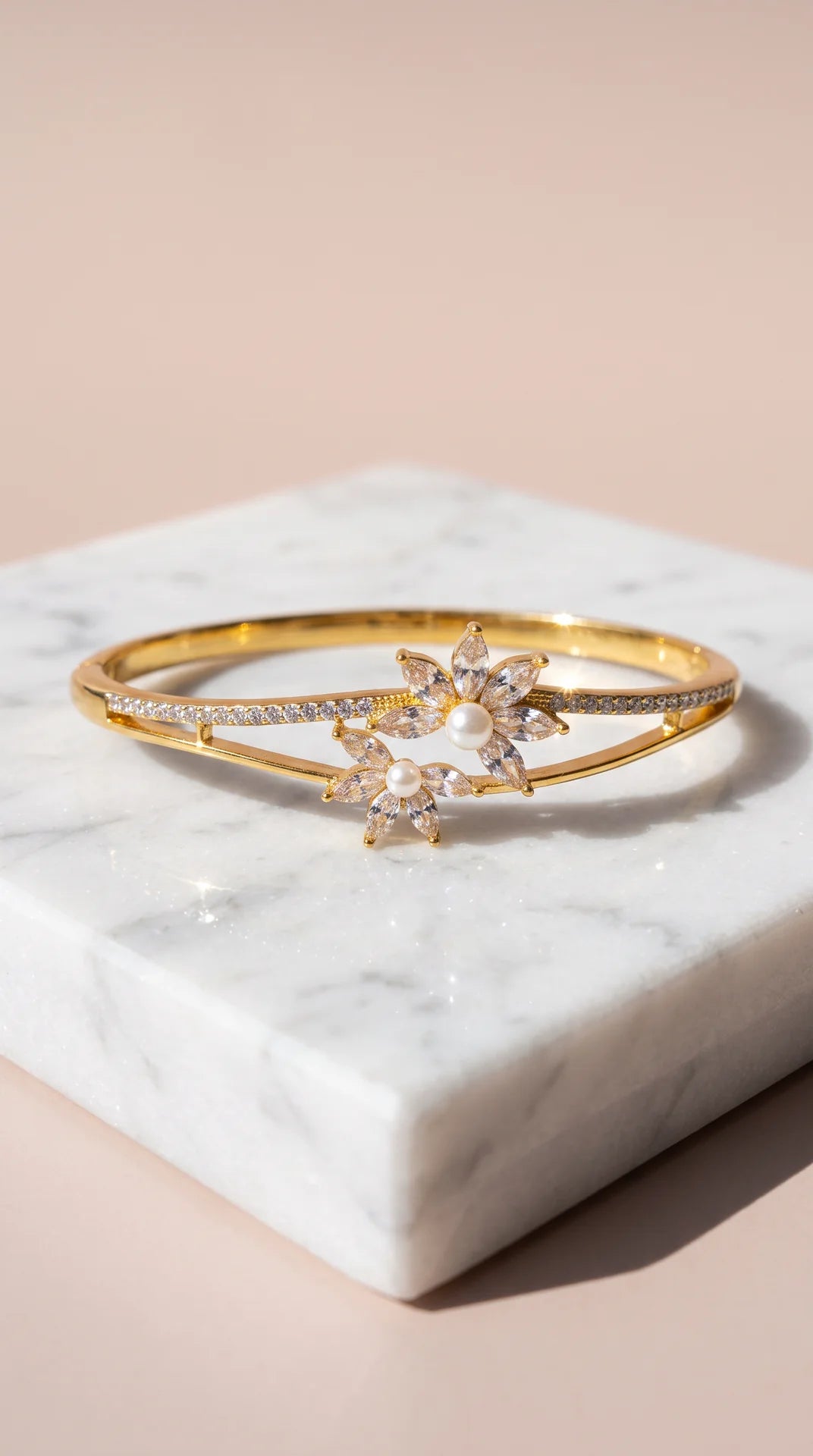 Flower & Pearl Gold Plated Crystal Bangle