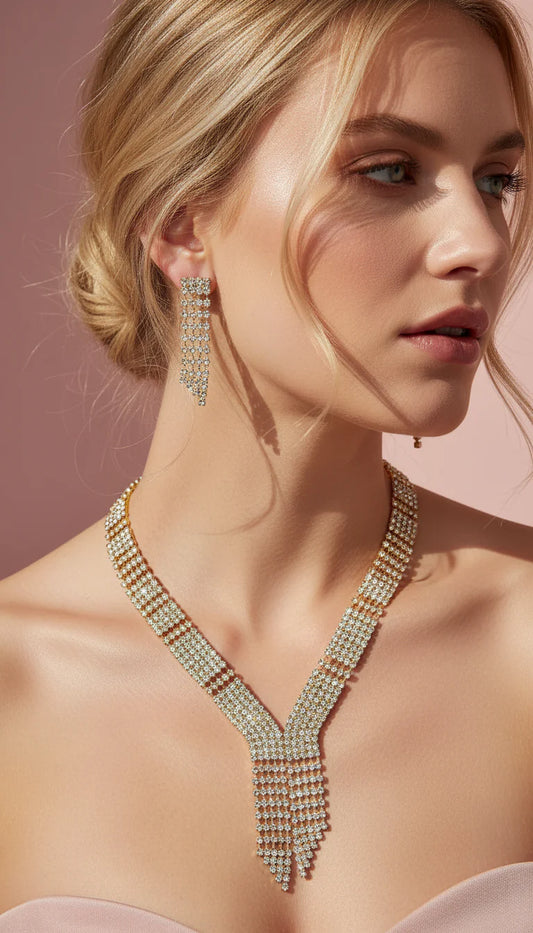 Crystal V Fringe Statement Necklace & Earrings Set