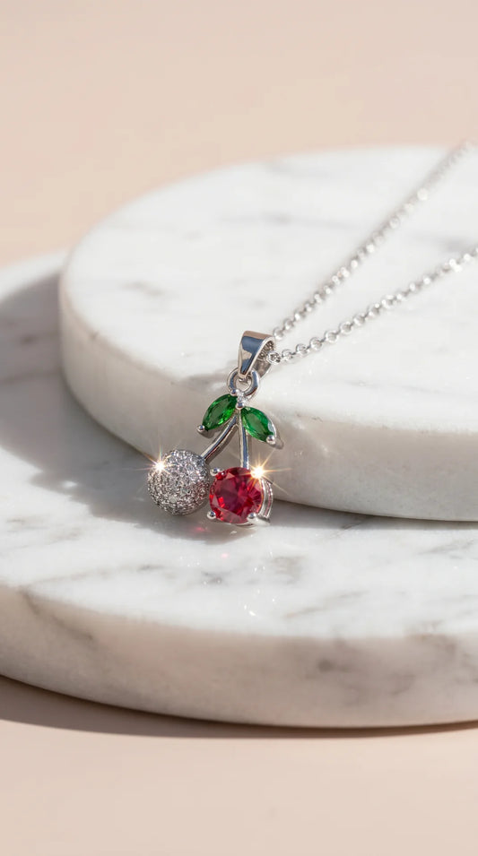 Red Cherry Crystal Stainless Steel Pendant Necklace