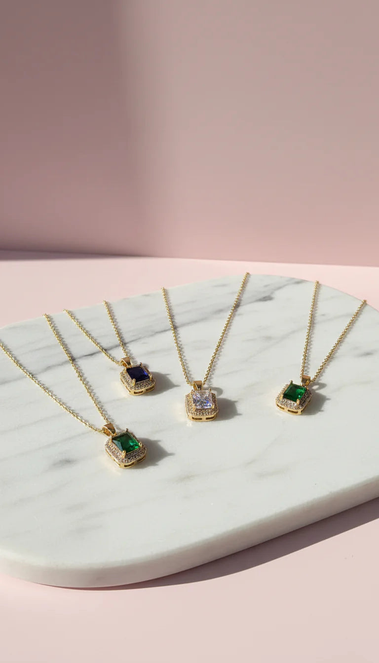 Waterproof Baguette Cut Crystal Pendant Necklace