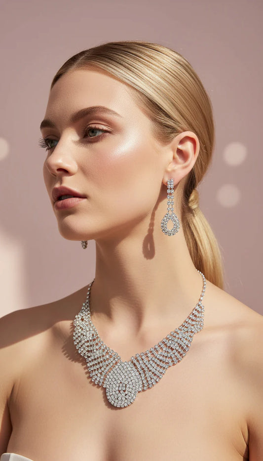 Oval Crystal Collar Statement Necklace & Earrings Set