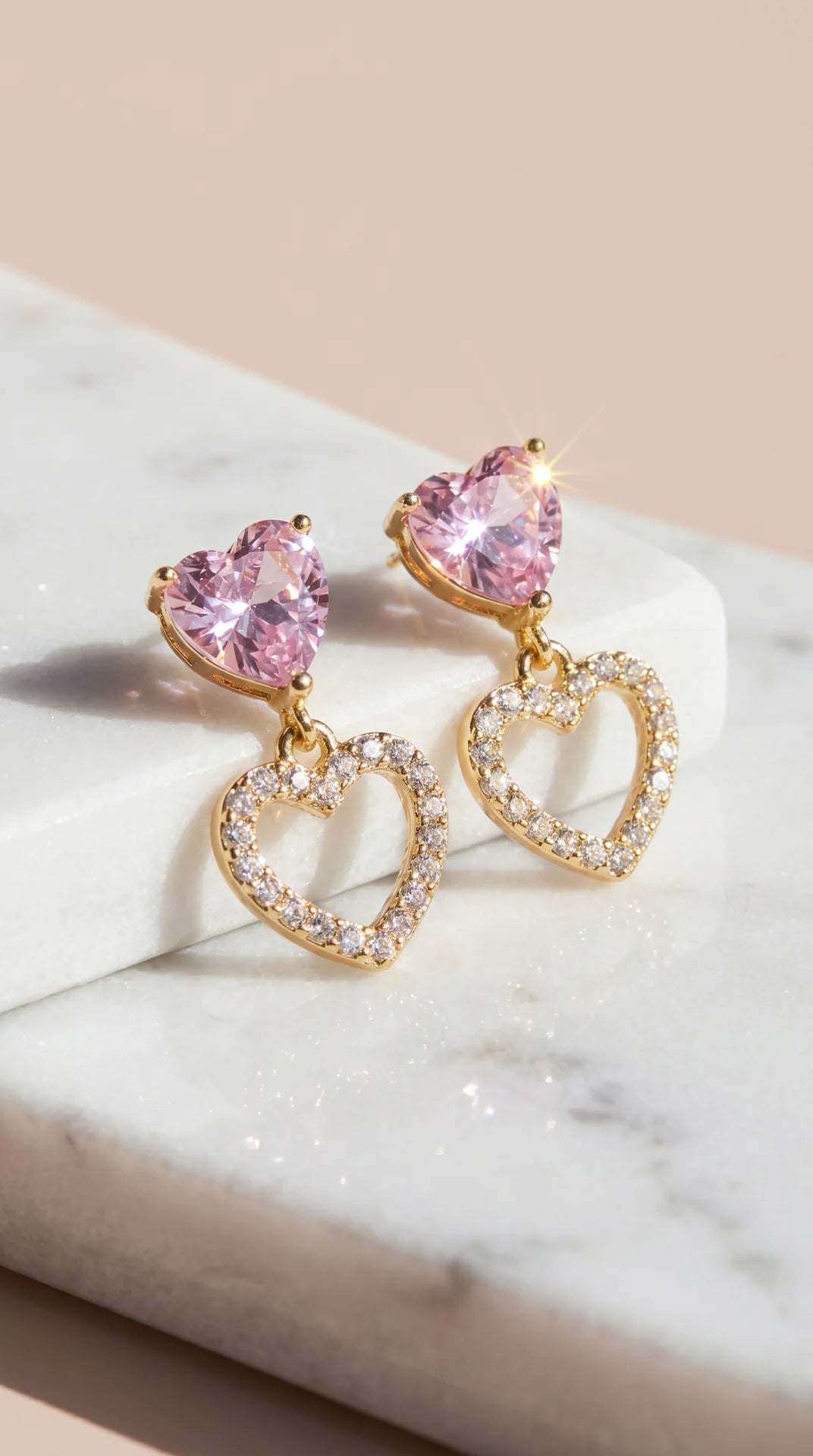 Pink Crystal Heart Gold Plated Drop & Dangle Earrings