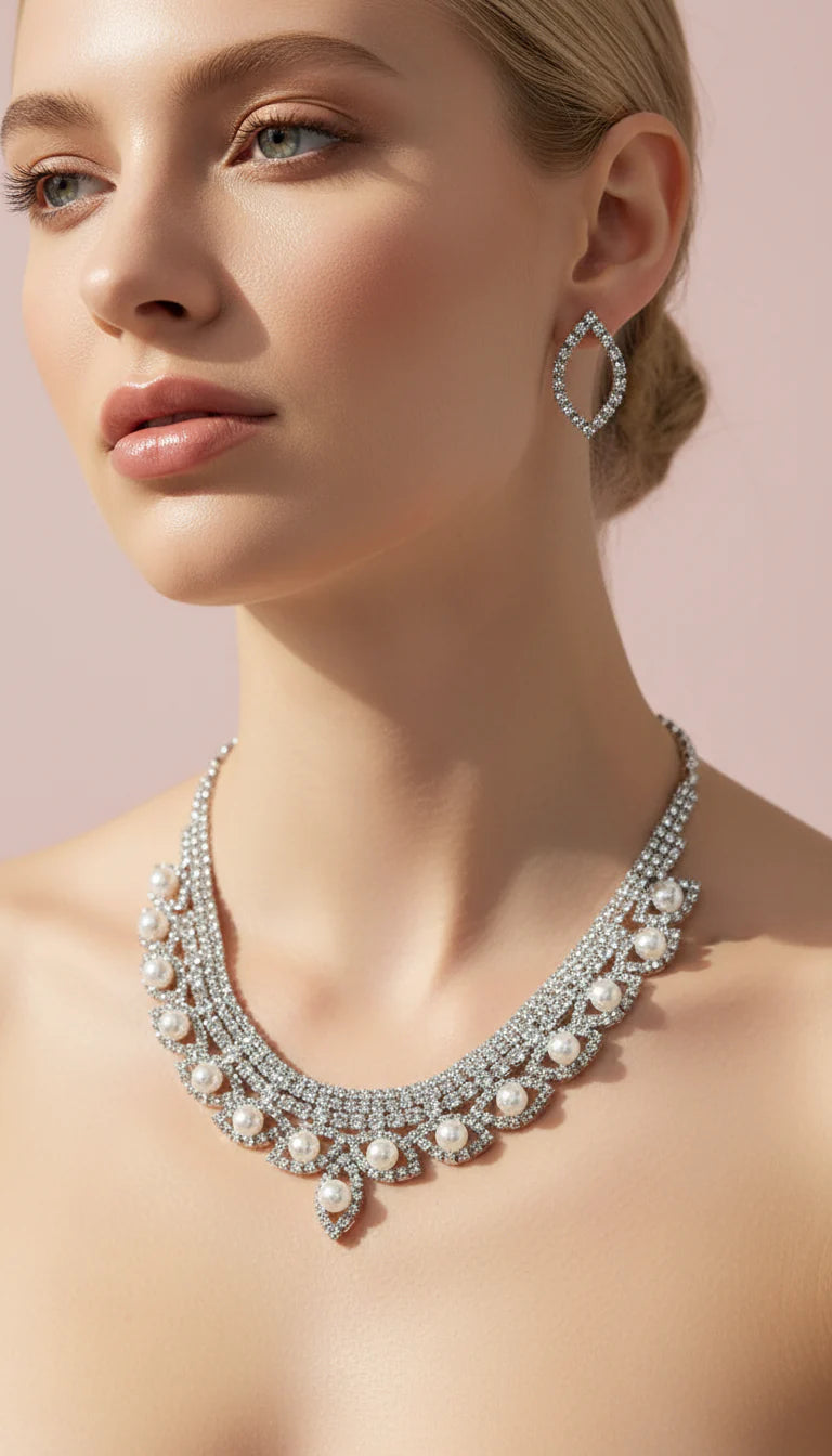 Pearl Statement Crystal Necklace & Earrings Set
