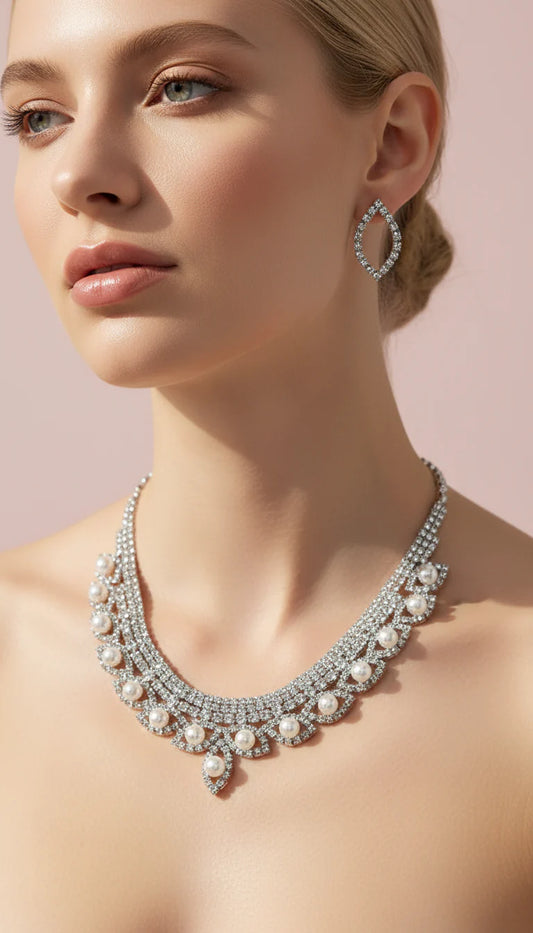 Pearl Statement Crystal Necklace & Earrings Set