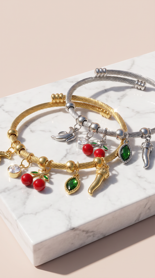 Cherry Fruit Gold Plated Steel Charm Bracelet