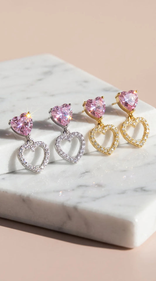 Pink Crystal Heart Drop & Dangle Earrings