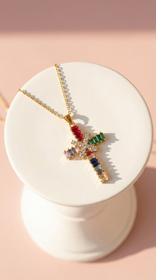 Waterproof Layered Rainbow Crystal Cross Stainless Steel Necklace