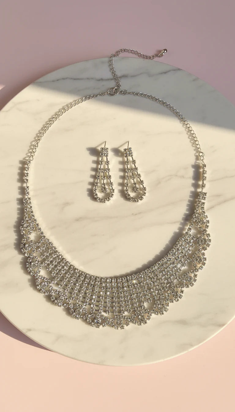 Fringe Bib Crystal Statement Necklace & Earrings Set
