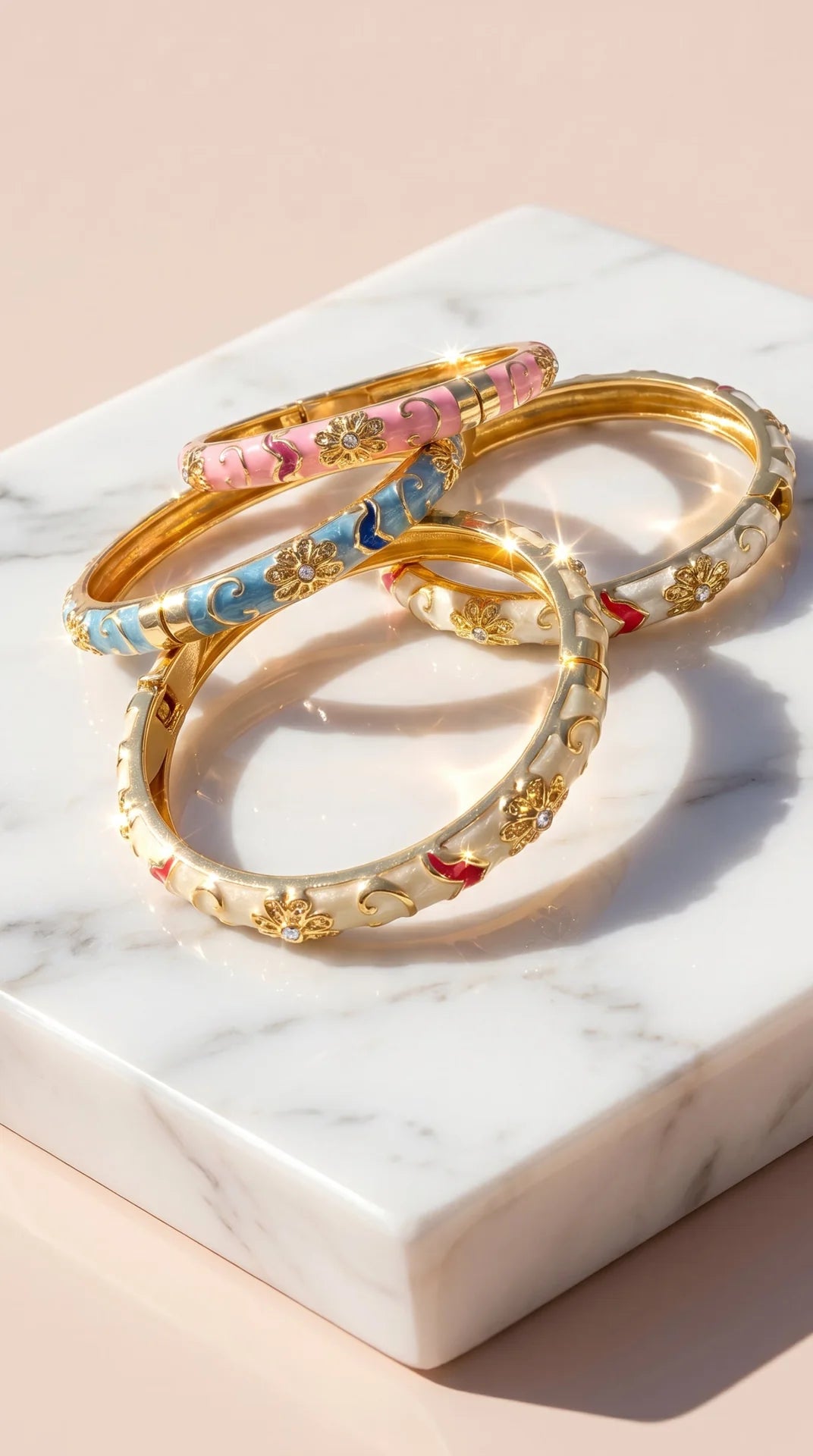 Gold Plated Steel Floral Enamel Crystal Bangle