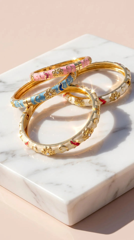 Gold Plated Steel Floral Enamel Crystal Bangle