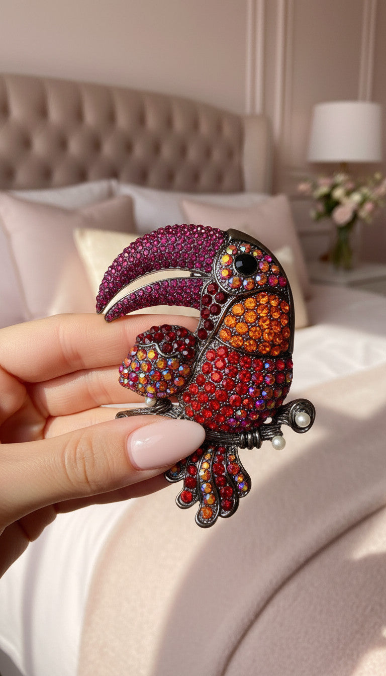Toucan Bird Crystal Statement Brooch Pin