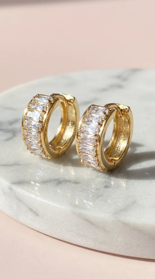 Baguette Cut Crystal Huggie Hoop Gold Plated Earrings