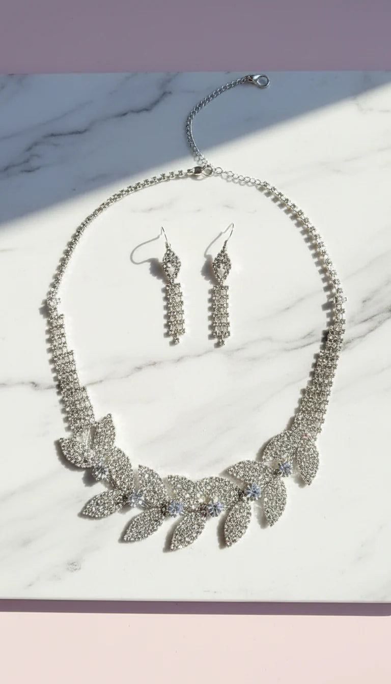 Botanical Vine Leaf Statement Crystal Statement Necklace & Earrings Set