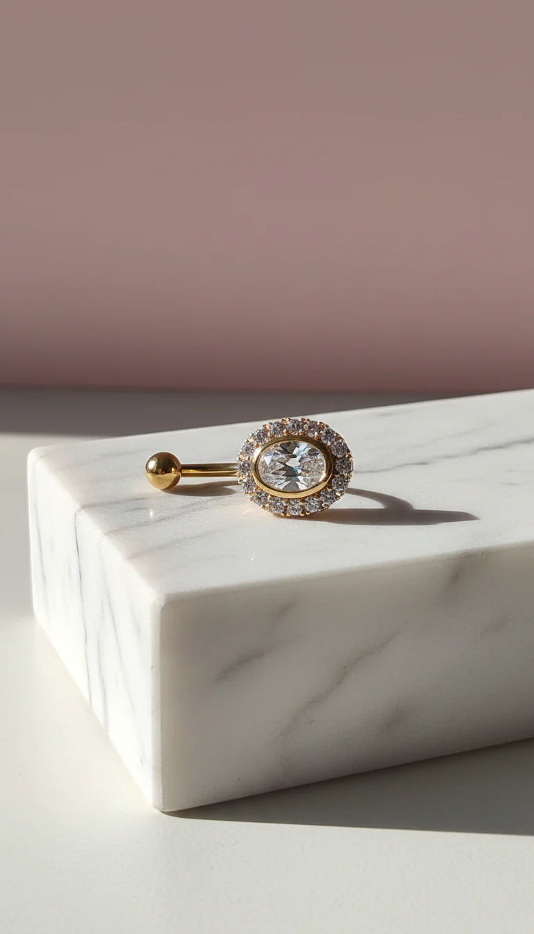 Waterproof Oval Gold Plated Stainless Steel Crystal Belly Bar